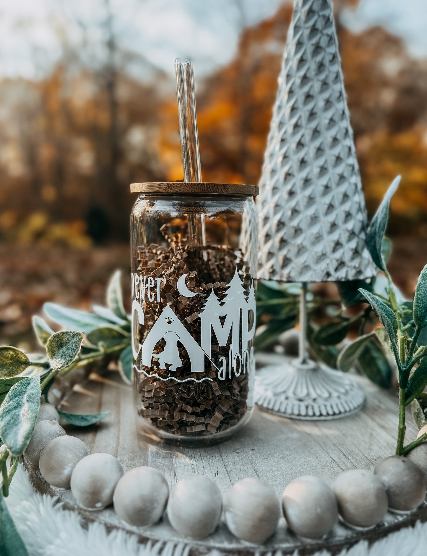 Never Camp Alone - 16oz Glass Cup with Lid/Straw